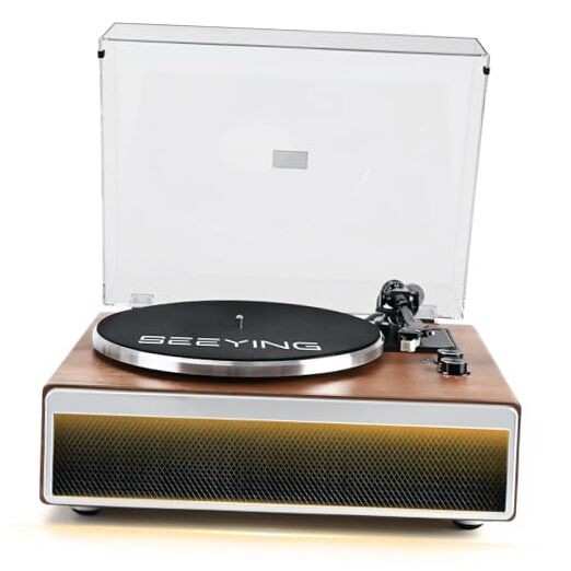 Vintage Brown Vinyl Record Player with Bluetooth and Built-in Stereo Speakers