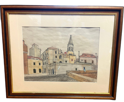 Vintage Rip Fleming signierte Architekturzeichnung gerahmtes Kunstwerk 71 x 58 cm