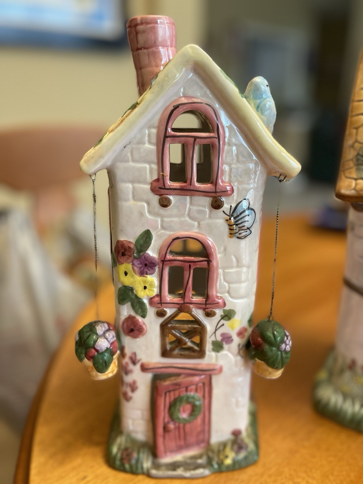 Vintage 3 Ceramic Cottage House Tea Light Candle Hldr w/ Hanging Flower Baskets