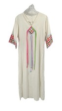 Vtg 70s Patchworks Caftan White Ribbons Maxi Dress Sz Small Boho Hippie Artsy