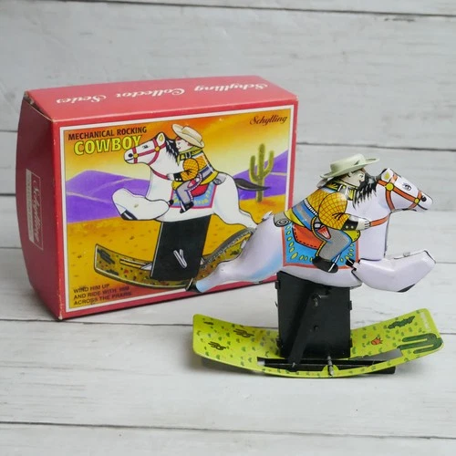 Vintage 1998 Schylling Mechanical Rocking Cowboy Original Tin Wind-Up Toy
