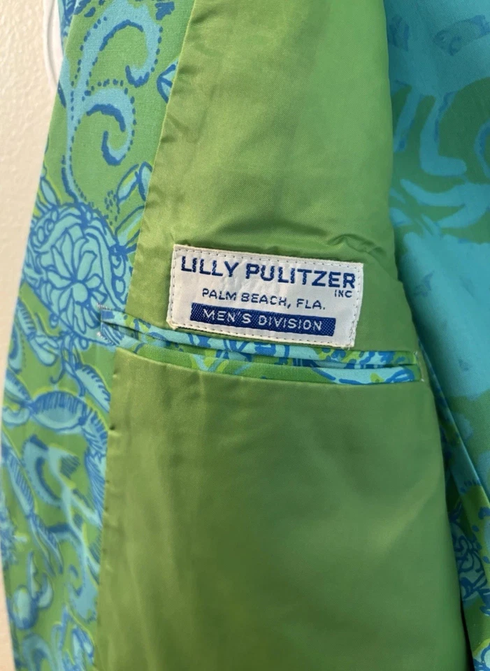 Винтажное мужское спортивное пальто блейзер Lilly Pulitzer с принтом в виде зеленого краба 40? Б/у в отличном состоянии - Изображение 4 из 4