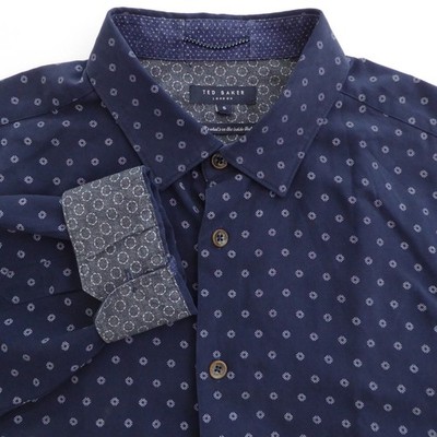 Ted Baker Mens Hartbop Button Up Shirt Navy Blue Geometric Dot Pattern Size 5 XL