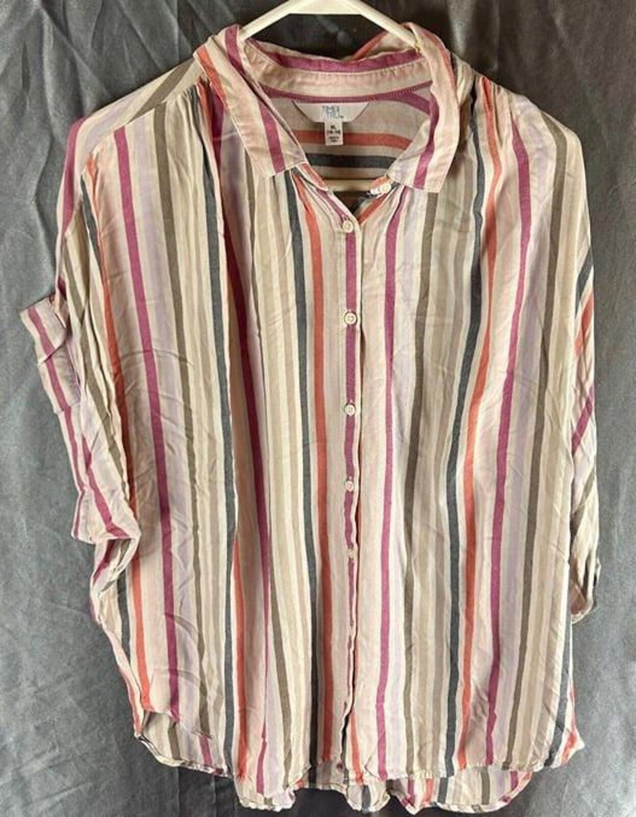 Time and Tru Women’s Striped Button Down Pink Beige Short Sleeve Top XL 16-18