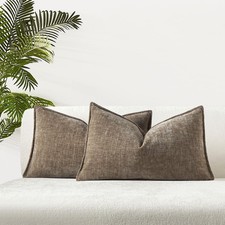 Set of 2 Stone Chenille Lumbar Throw Pillow Covers 16x24 Inch Soft Textured D...