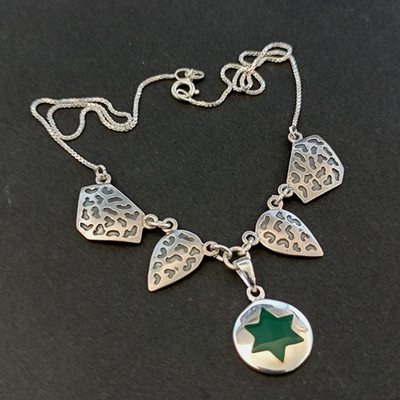 Sterling Silver Star of David Necklace Israeli Modernist Green Vintage Bib Gift