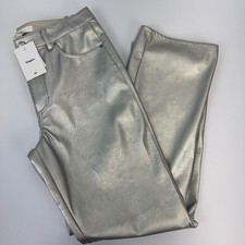 H M Vegan Metallic Silver Faux Leather Straight Leg Pants Womens 10 NWT