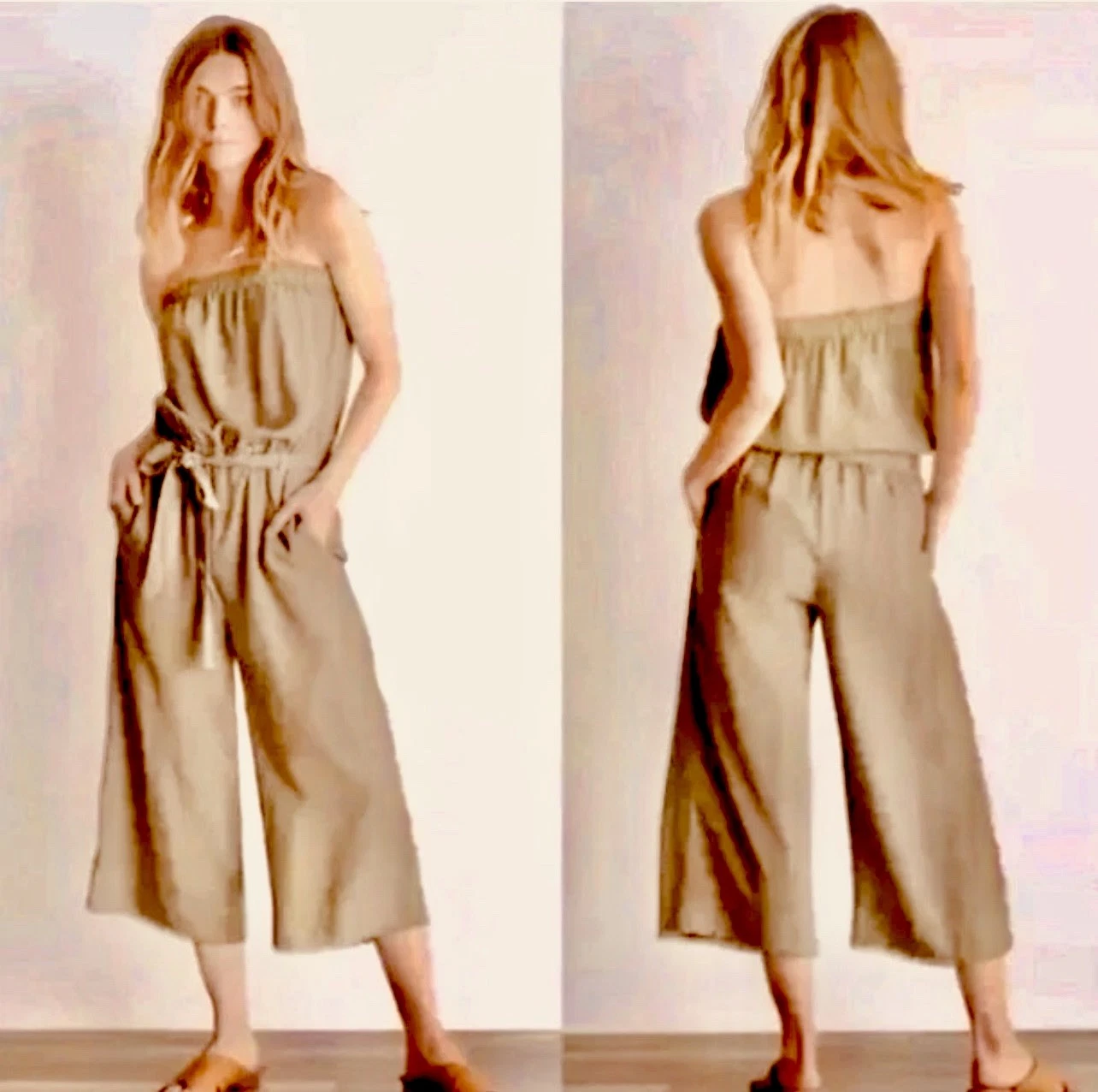 Anthropologie Cloth & Stone Small Crop Wide Leg Strapless Jumpsuit Tencel Beige