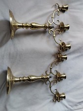 Antique 11 Tall Cast Brass Metal 3 Arm Candlesticks Candelabra. Set 2