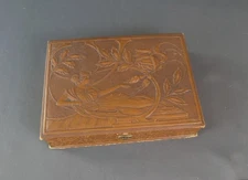Vintage Tooled Leather Sewing Box with Art Nouveau Lady & Flowers, Antique 1900s