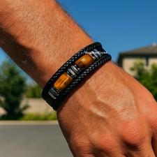 Double Tiger Eye Stone Black Leather Men Bracelet Protection Healing Jewelry
