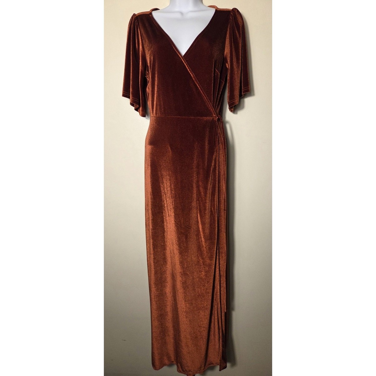 copper velvet maxi dress Baltic Born Womens Meghan Velvet Wrap Maxi Dress | Rust