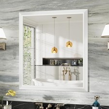 36x32 Inch Bathroom Mirror for Wall, Thick Metal Framed 36"L x 32"W White