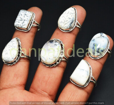 Dendrite Opal Gemstone Rings 5pcs Wholesale Lot 925 Silver Plated Jewelry