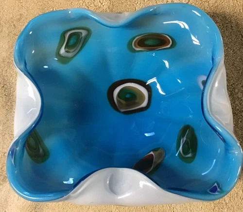 Vtg. Murano Turquoise Art Glass Bowl, 8" x 8" Mid Century Modern