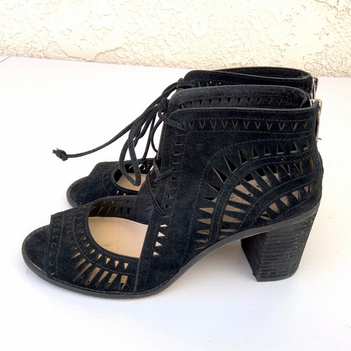 VINCE CAMUTO Size 8.5 Black Tarita Laser Cutout Suede Sandals Block Heel Lace Up - Picture 5 of 16