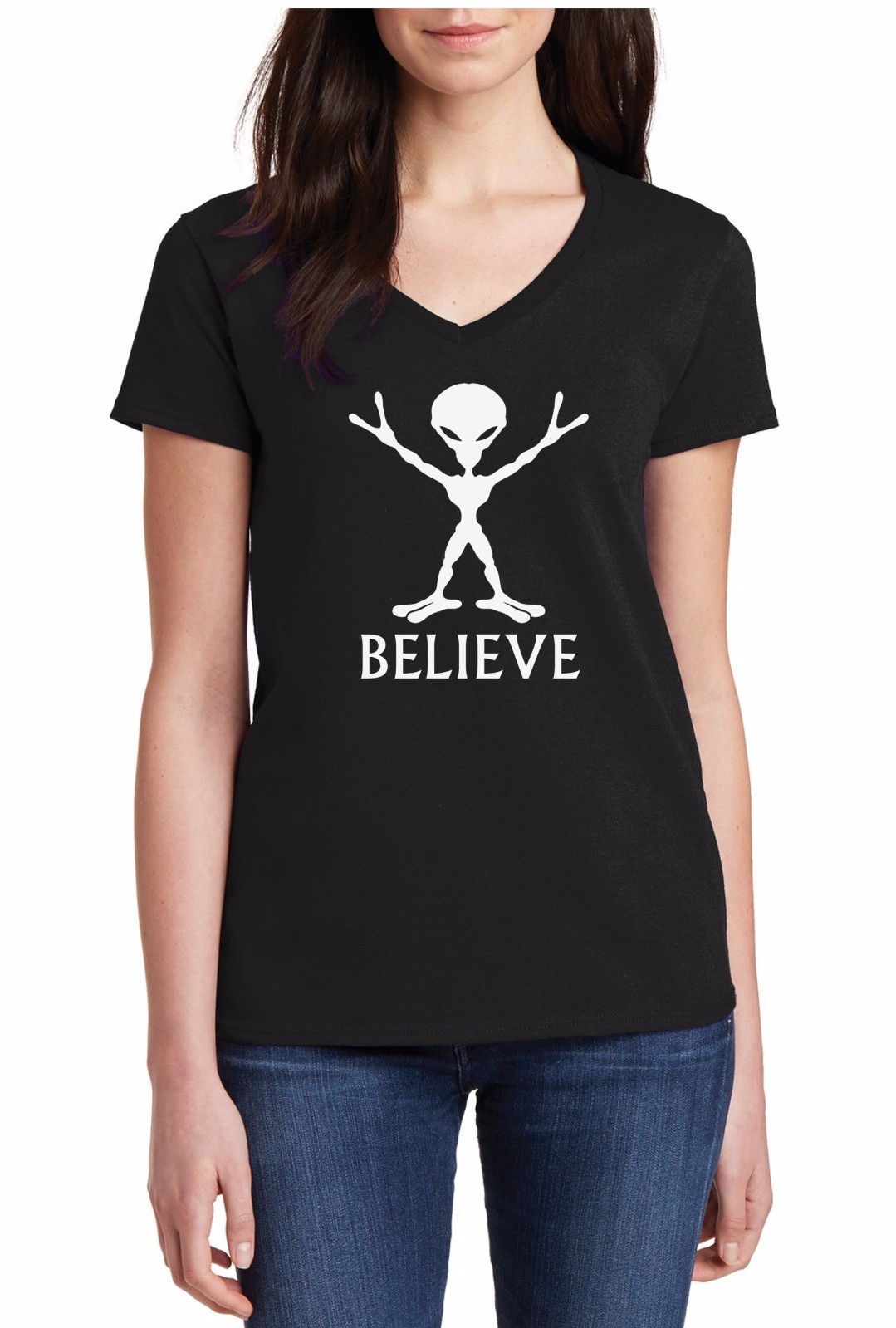 Ladies V-Neck Believe Shirt Alien UFO Tee Sci-Fi Space Galaxy Planets Peace