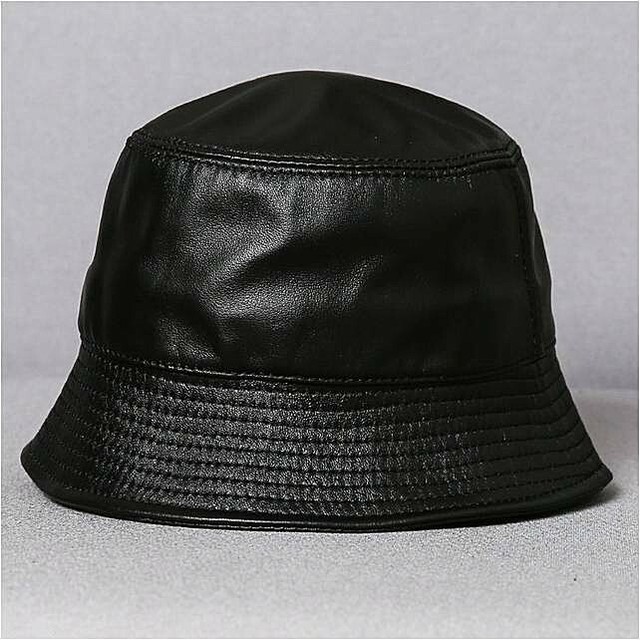 Fashion Men Women Genuine Leather Bucket Hat Sheepskin Black Fisherman
