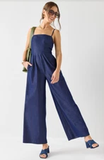 NWT Francesca's Lea Tie Back Chambray Jumpsuit Dark Blue Size Large Playful Fun