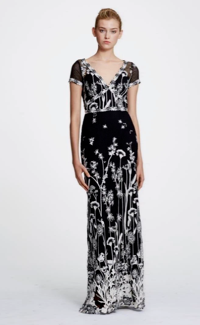 995 NEW Marchesa Notte Short Sleeve Guipure Lace Gown Black White