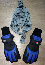 boys small THICK WINTER GLOVES KNIT CUFFS black blue BEANIE HAT 2 PC LOT nice 
