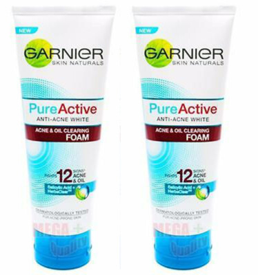 2 x Garnier Skin Naturals Pure Active ANTI-ACNE WHITE OIL CLEARING FOAM 100ml