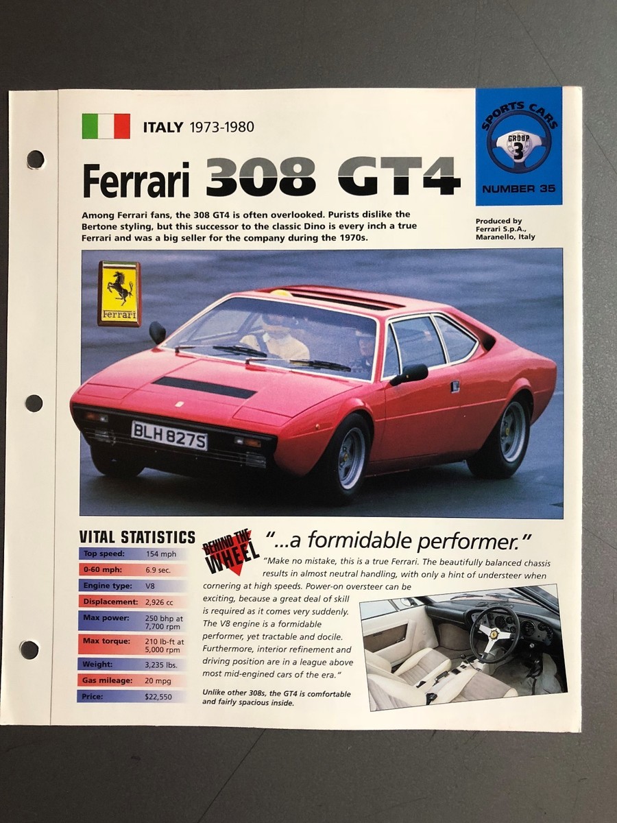 1973 - 1980 Ferrari 308 GT4 Coupe Poster, Spec Sheet, Folder