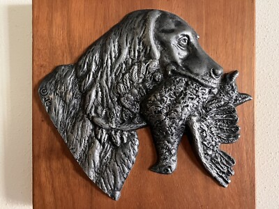 Vintage Plaque Hunting Dog and Pheasant Jitka Schaffer Pewter Wood