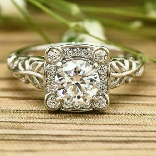 1.20 CT Round Cut Moissanite Antique Halo Engagement Ring 14K