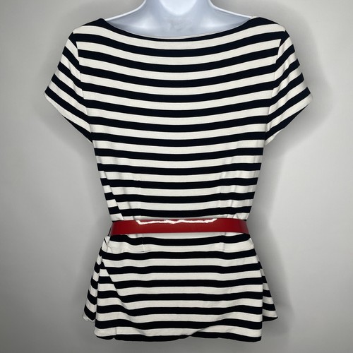 WHBM Retro 80er schwarz weiß gestreift Jersey Gürtel Schößchen T-Shirt Top Gr. S - Bild 5 von 8