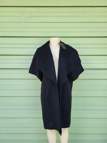 New ZARA Woman Black 56% Wool Coat OVERCOAT OPEN FRONT Short Sleeve size S - Picture 2 of 12