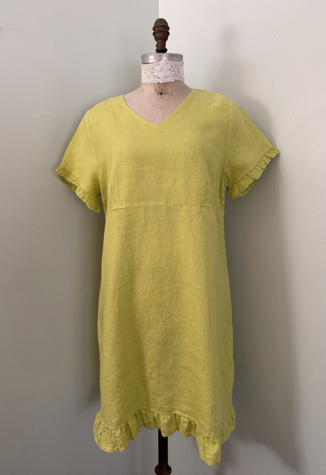 Lagenlook Green Linen Shift Dress SZ XL Cottagecore Pockets