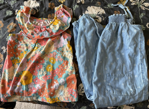 Girls 5T Floral Sleeveless Top & Blue Pants 1 Piece Outfit 
