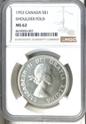 1953 Canada Silver Dollar, NGC MS 62, KM-54, Brilliant White, SF Variant