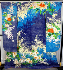 Japanese Vintage Kimono Furisode silk Blue Expensive Gorgeous Drit Height 64 in