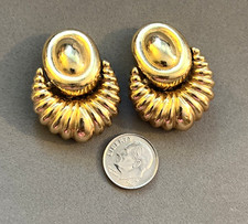 Vintage CHRISTIAN DIOR Oval Embossed Doorknocker Dangle Goldtone Clip Earrings