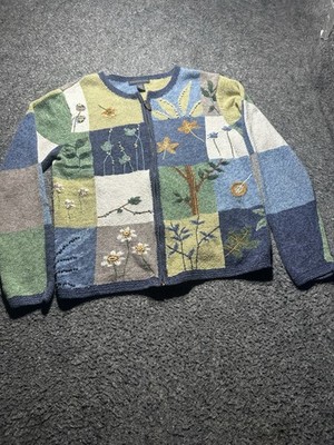 Northern Isles Womens Patchwork Embroidered Botanical Full Zip Cardigan Blue M