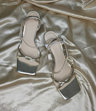 Metallic Silver Faux Leather Strappy Ankle Strap Sandals Buckle Women US 7