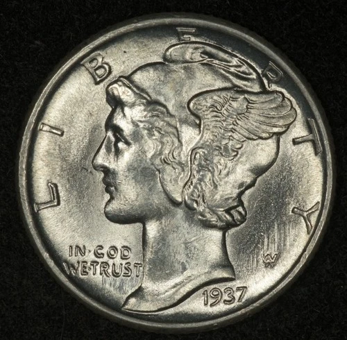 1937 MERCURY DIME LUSTROUS GEM UNCIRCULATED LINER-FB FULL BANDS