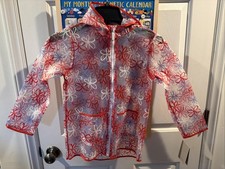 Hunter Girls Floral Rain Coat Size 7 Red White Purple Polyurethane Hooded Zip
