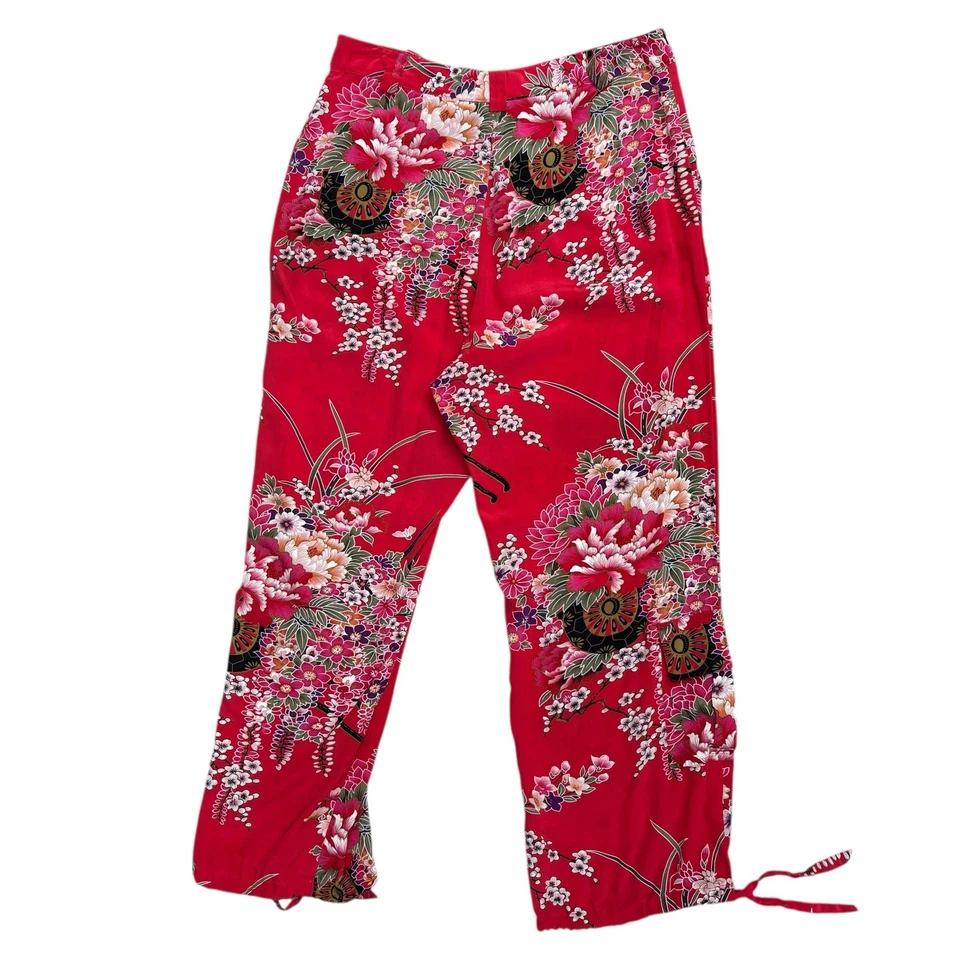 Boston Proper 裤子 10 码红色热带 100% 真丝货物作物花卉艺术度假村 — 第 3/4 张图片