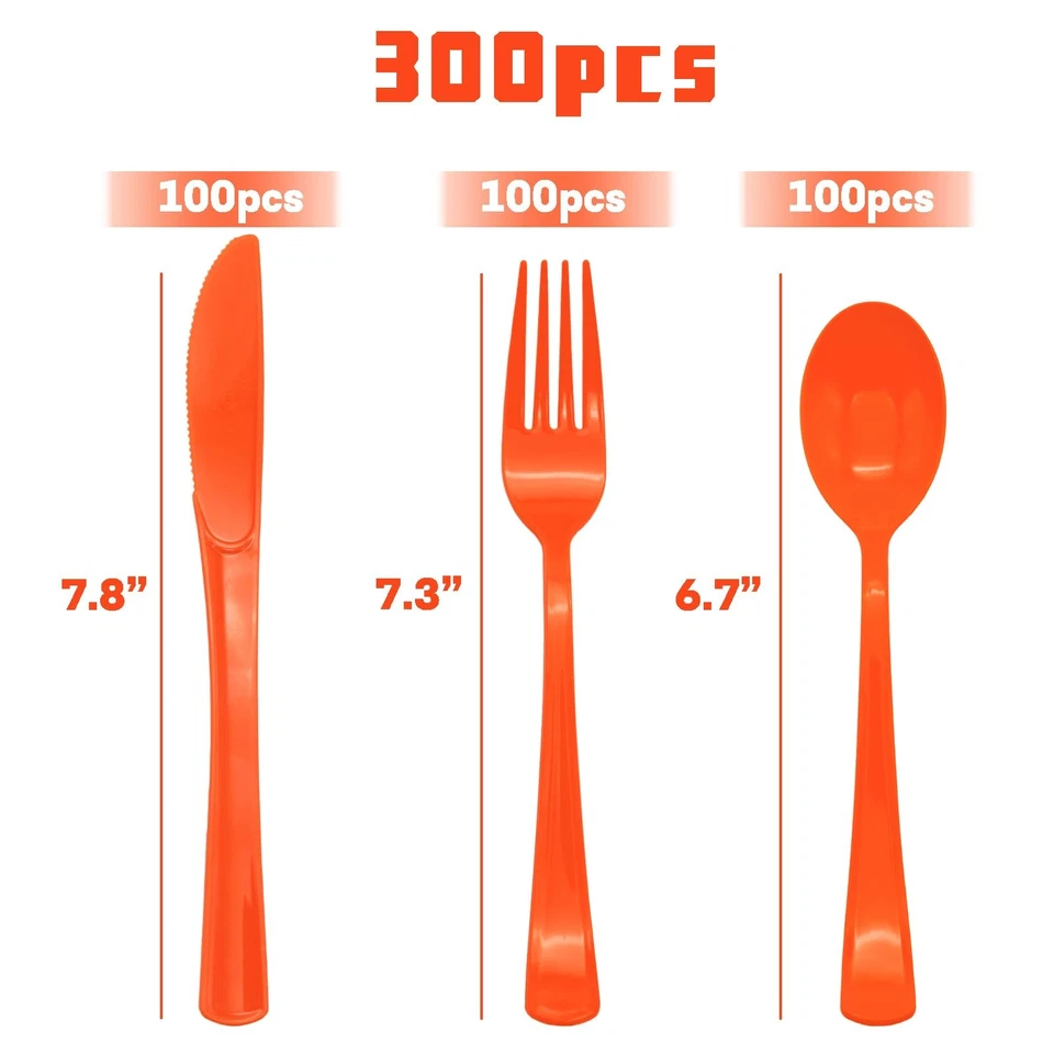 Оранжевые пластиковые столовые приборы серебро упаковка 300 шт., оранжевые пластиковые столовые приборы включают 100 вилок... - Изображение 2 из 4