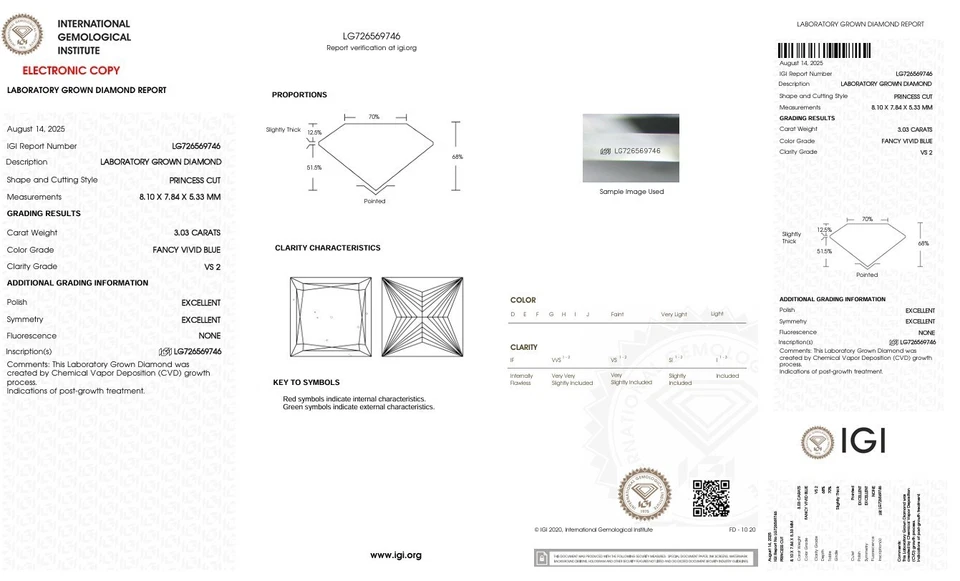 3.03 Ct Princess Lab Grown Diamond Fancy Vivid Blue VS2 IGI Certified for Rings - Image 2 of 4