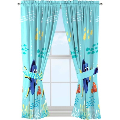 Finding Dory Drapes Blue 2 Microfiber Window Curtain Panels 82'' x 63'' w/Tiebacks
