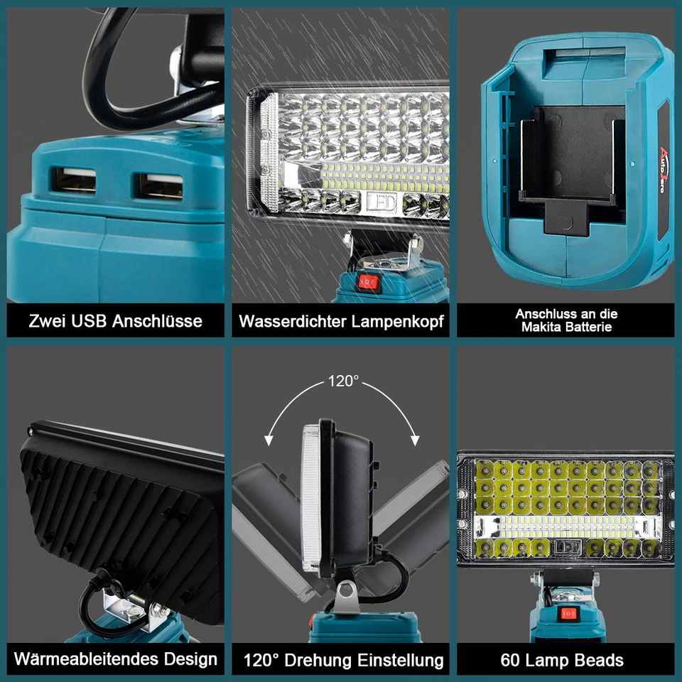 90W Für Makita Li-ion Akku LED Arbeitsleuchte 18V Strahler Licht Taschenlampe - Bild 4 von 4