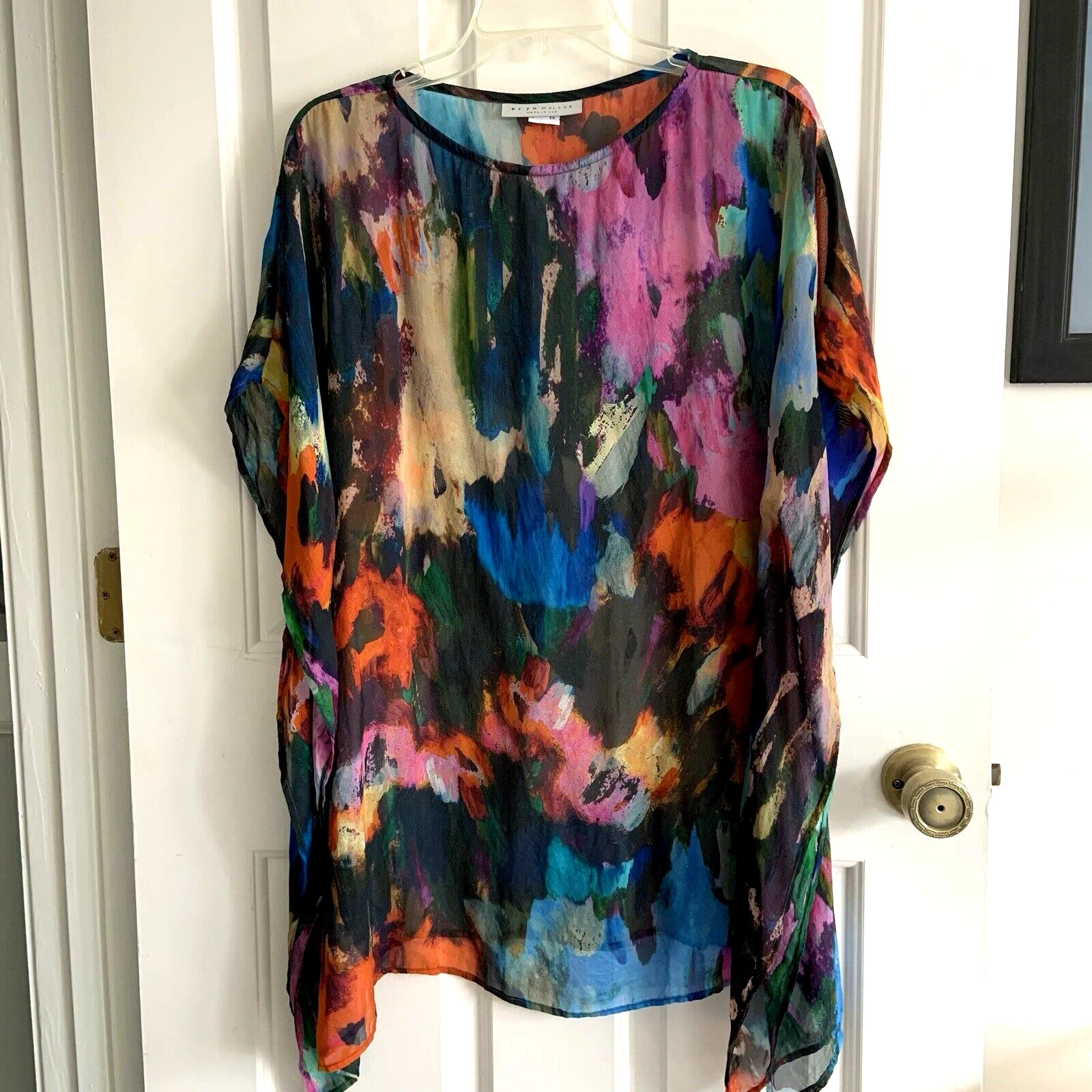 BRYN WALKER 100% Silk Sheer Pina Paletta Boxy Poncho Blouse Sz XXS boxy fit