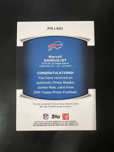 2011🔥Marcell Dareus🔥Topps Prime Rookie Jumbo Jersey Relic Serialized /318 - Picture 3 of 3