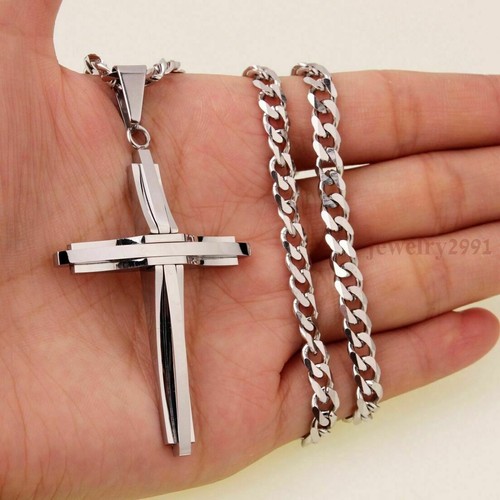 Collana catena cordoncino pendente croce acciaio inox moda 7 mm uomo vendita calda - Foto 16 di 28