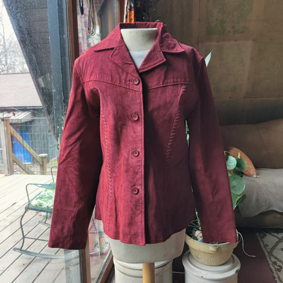 Vtg Womens Suede Western Jacket M Van Heusen Red Stitching Rodeo Cowgirl Country - Image 2 of 4