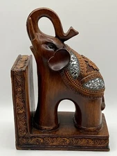 Single Bookend Brown Resin Wood Elephant Trunk Up Ornate Floral Design 7 in